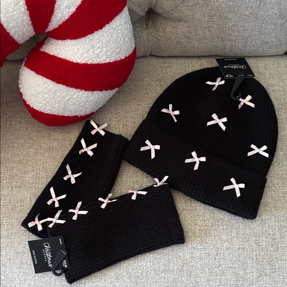 Black Beanie and Glove Set with Pink Bows
